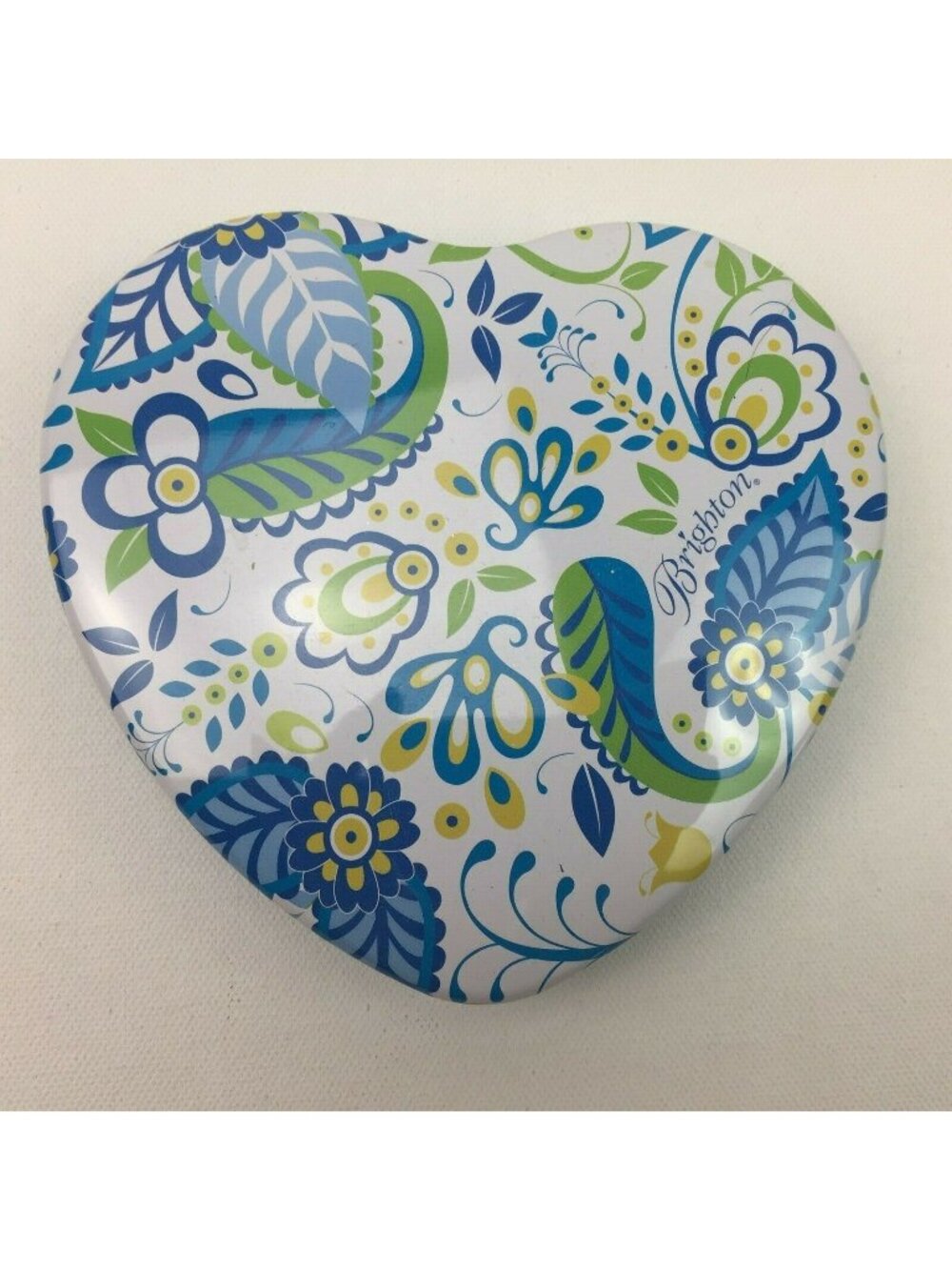 Brighton Heart-Shaped Floral Tin Box Blue Green Yellow Design 6" Decor Storage